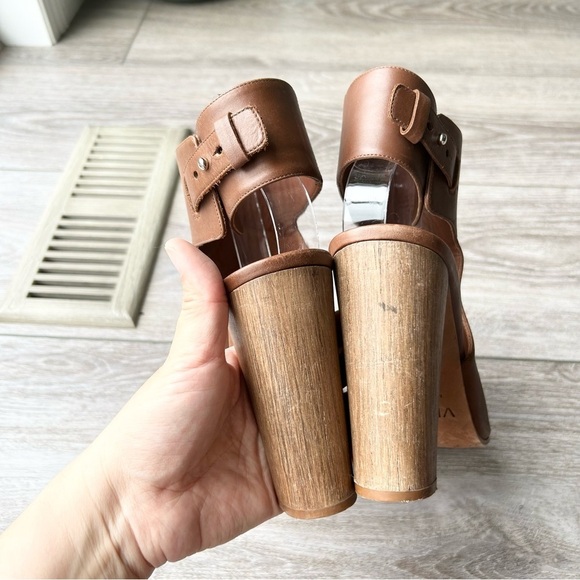 VINCE Addie Open Toe Buckle Back Strap Brown  Leather Bootie Wooden block Heel - Picture 8 of 16
